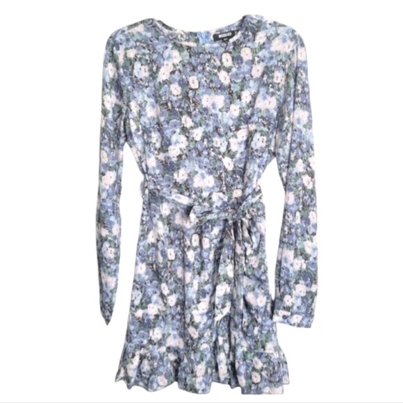 Missguided Floral Long Sleeve Dress Ruffle Hem Size 8 Mini Flowy Blue - Picture 1 of 13